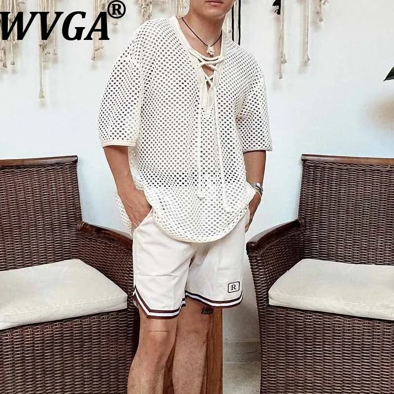 

WVGA Summer New Man's Tide Mesh Hollow Out Knitted T-shirt V-Neck Short Sleeve Pullover Casual High Street Chic Sexy Tops W11957