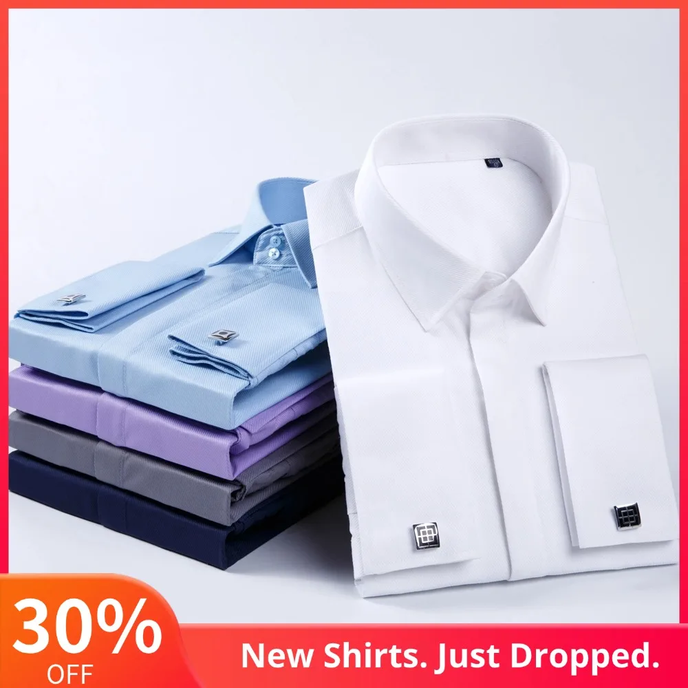 

Old Money Style French Cuff Fly Front Dress Shirt Men, Regular Fit Long Sleeve Wrinkle Resistant Button-Up Tuxedo Cufflink Shirt