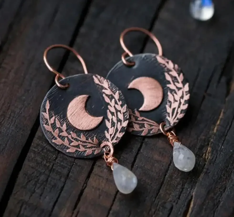 Vintage Classic Moon Drop Shape Stone Leafs Round Dangle Earrings Pendant Accessories For Women‘s Party Earrings Custom Jewelry