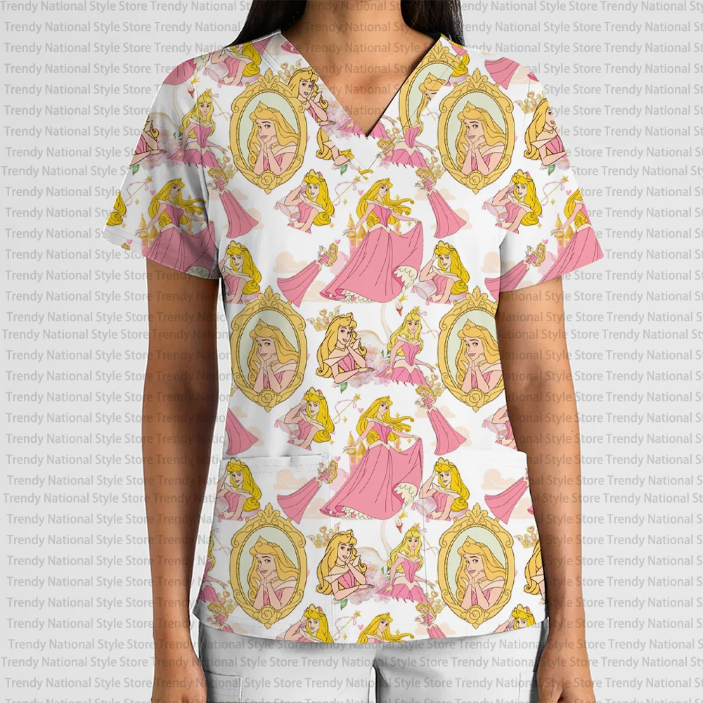 New Fashionable Women's Work Uniform Wear-Resistant V-Neck Pocket Frosted Top Disney Princess Print Elegant Beauty Salon T-shirt