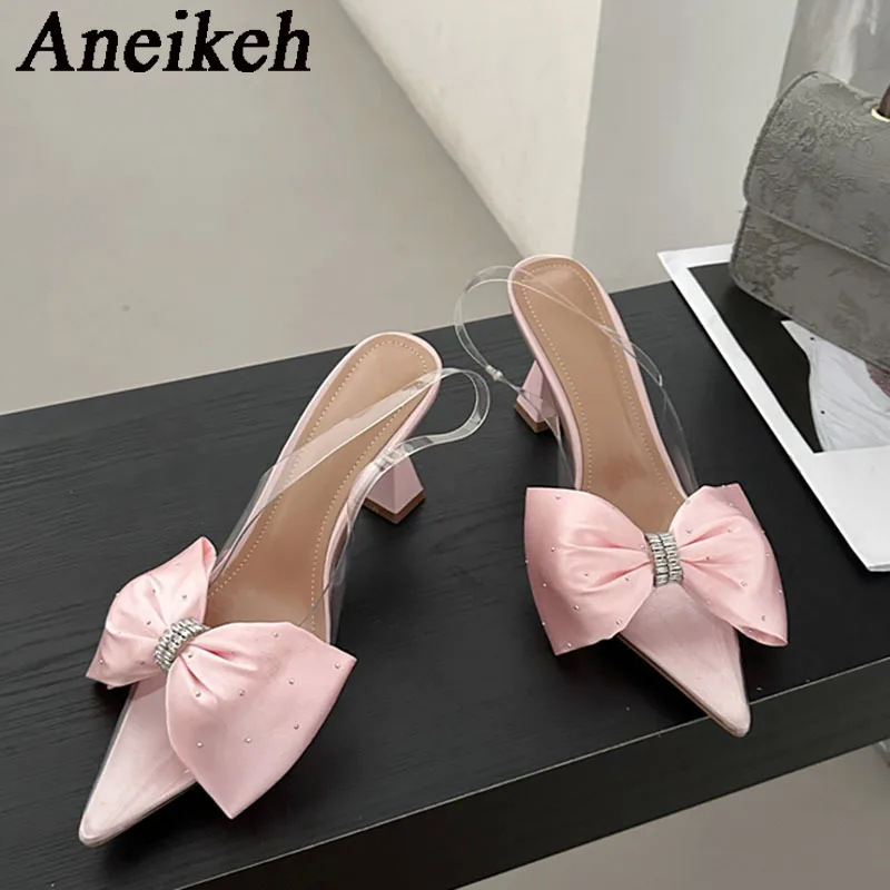 AneikehWomen\'s Crystal Silk Butterfly Knot Decorative Single Shoe 2024 Transparent PVC Pointed SlingbacksHigh HeelsWedding Dress