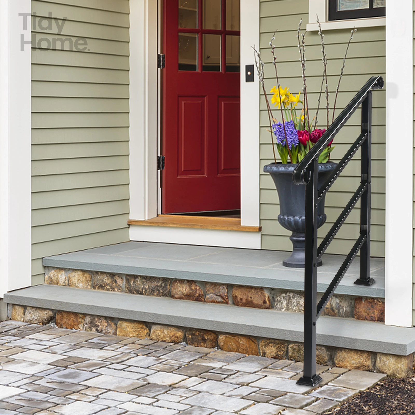 

Handrails for Outdoor Steps, Wrought Iron Handrail Fits 1 or 3 Steps, Transitional Handrail with Installation Kit, Black