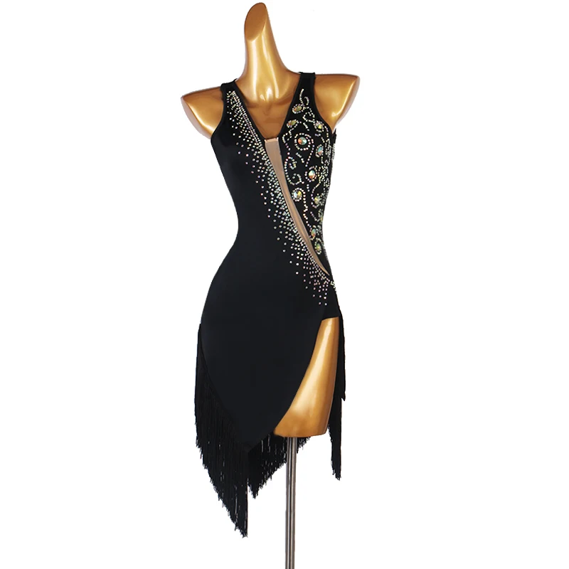 

Imitation Austrian Diamond Fringe Latin Dance Dress Competition Performance Outfit Split Skirt Rumba SambaCha Cha New Style