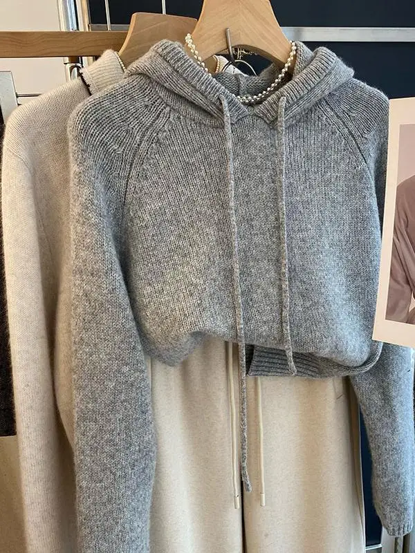 

Gray Knitted Sweater Women's Loose Fit Hoodie Base Layer Shirt Korean Style Commute Fashion Casual Comfortable Autumn Winter