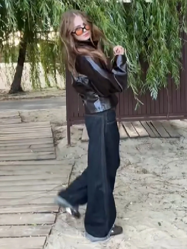 Women Short Faux Leather Jacket Stand Collar Double Head Zipper Puff Sleeve Cropped PU Coat Vintage Y2K Casual Ladies Outerwear