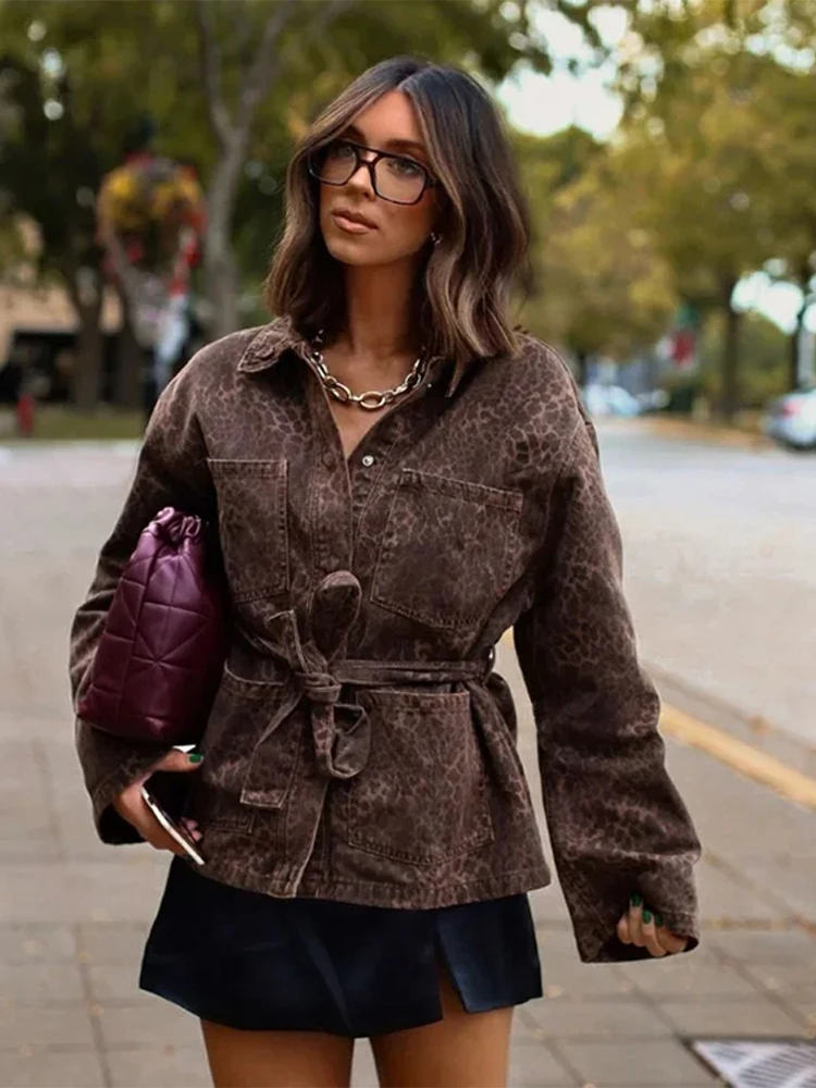 Woman Leopard Print Lapel Lace Up Jacket Casual Long Sleeve Pocket Coats 2024 New Autumn Lady High Street Office Outerwears