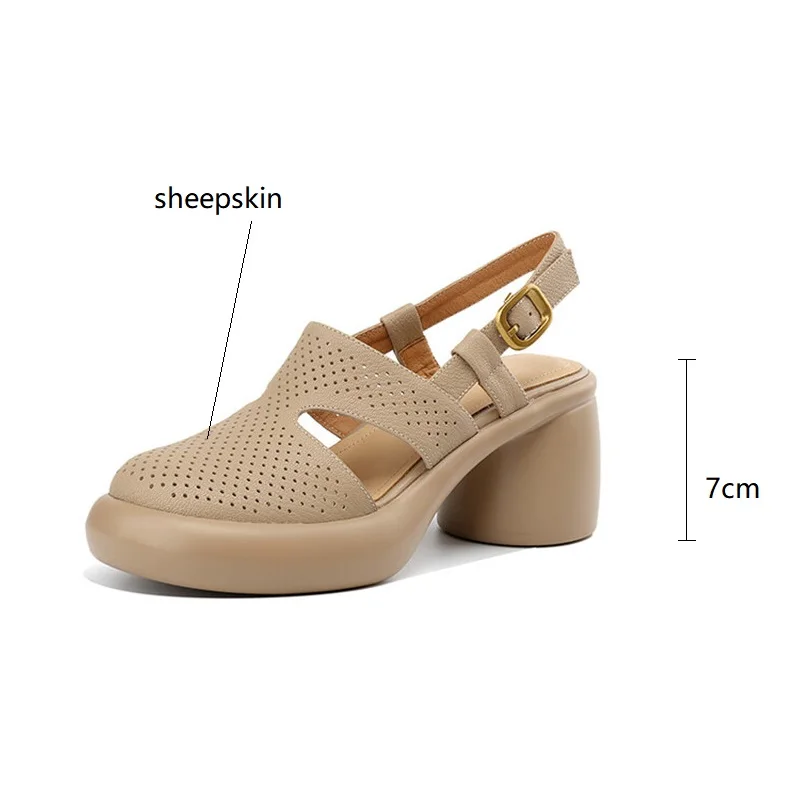 Sheepskin Summer Sandals Round Toe Hollow Out High Heel Sandals for Women Platform Sandals Zapatos Mujer Chunky Heel Shoes Green