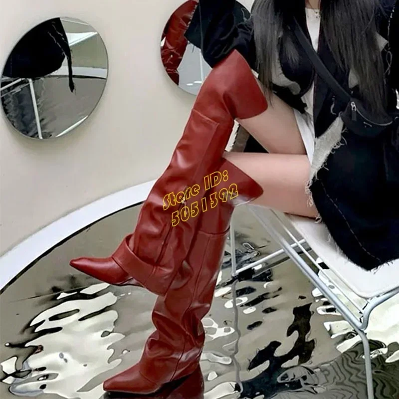 Red Matte Leather Over The Knee Boots Turn Over Zipper Sexy Pointy Toe Wedges Women Runway Dress Shoes 2026 Winter New Arrivals