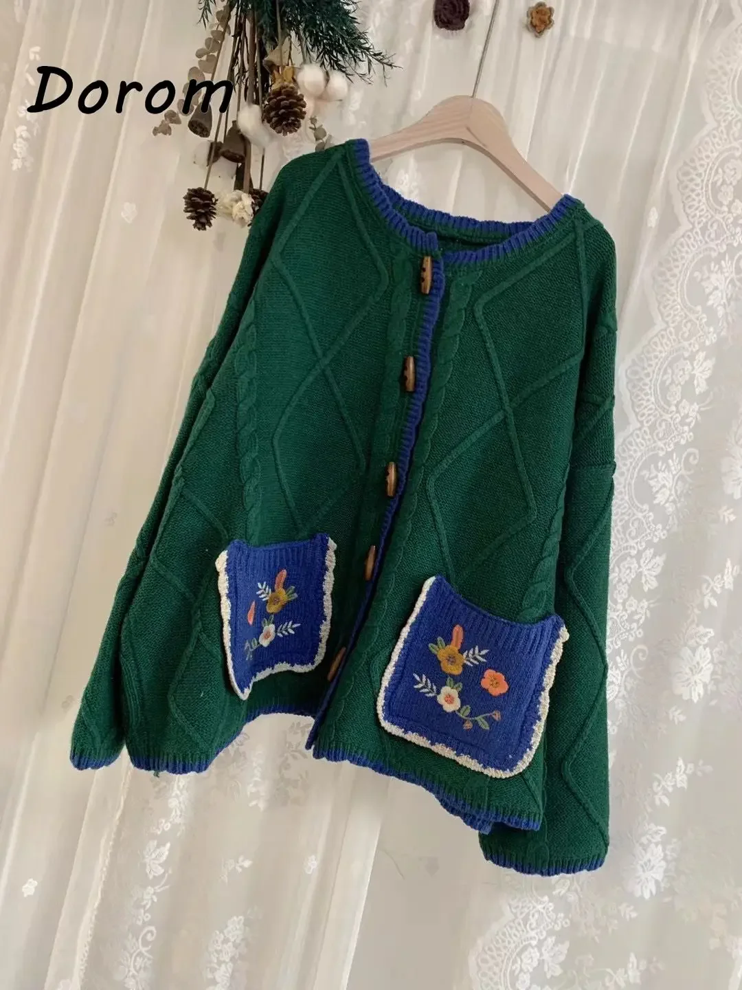 Vintage Mori Girl Embroidery Green Knitted Cardigan Women Autumn Korean O-neck Jacquard Sweater Coat Casual Loose Knitwear Tops