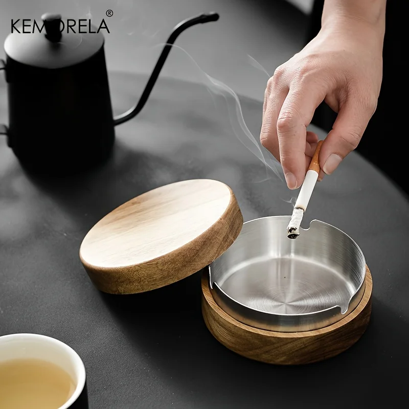 Acacia Wood Desktop Ashtray With Lid Stainless Steel Windproof Ash Tray For Bar Office Home Decoration Smoking Accessories