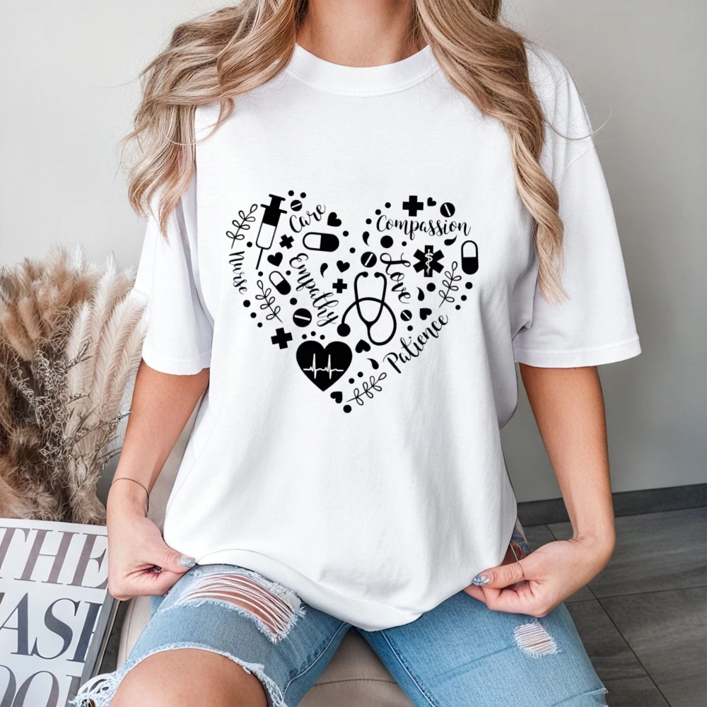 Camiseta con gráfico de corazón de compasión de paciencia de cura con cosas médicas, Camiseta de algodón con tema médico, ropa informal diaria de verano para hombres