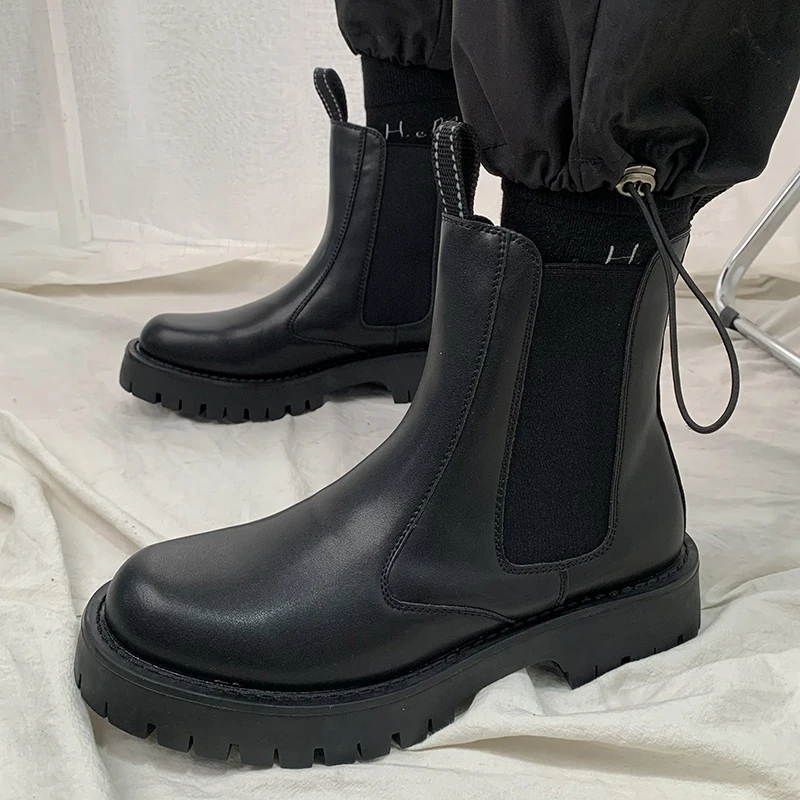 

England style mens fashion high motorcycle boots black white platform shoes cowboy original leather boot long knight botas male