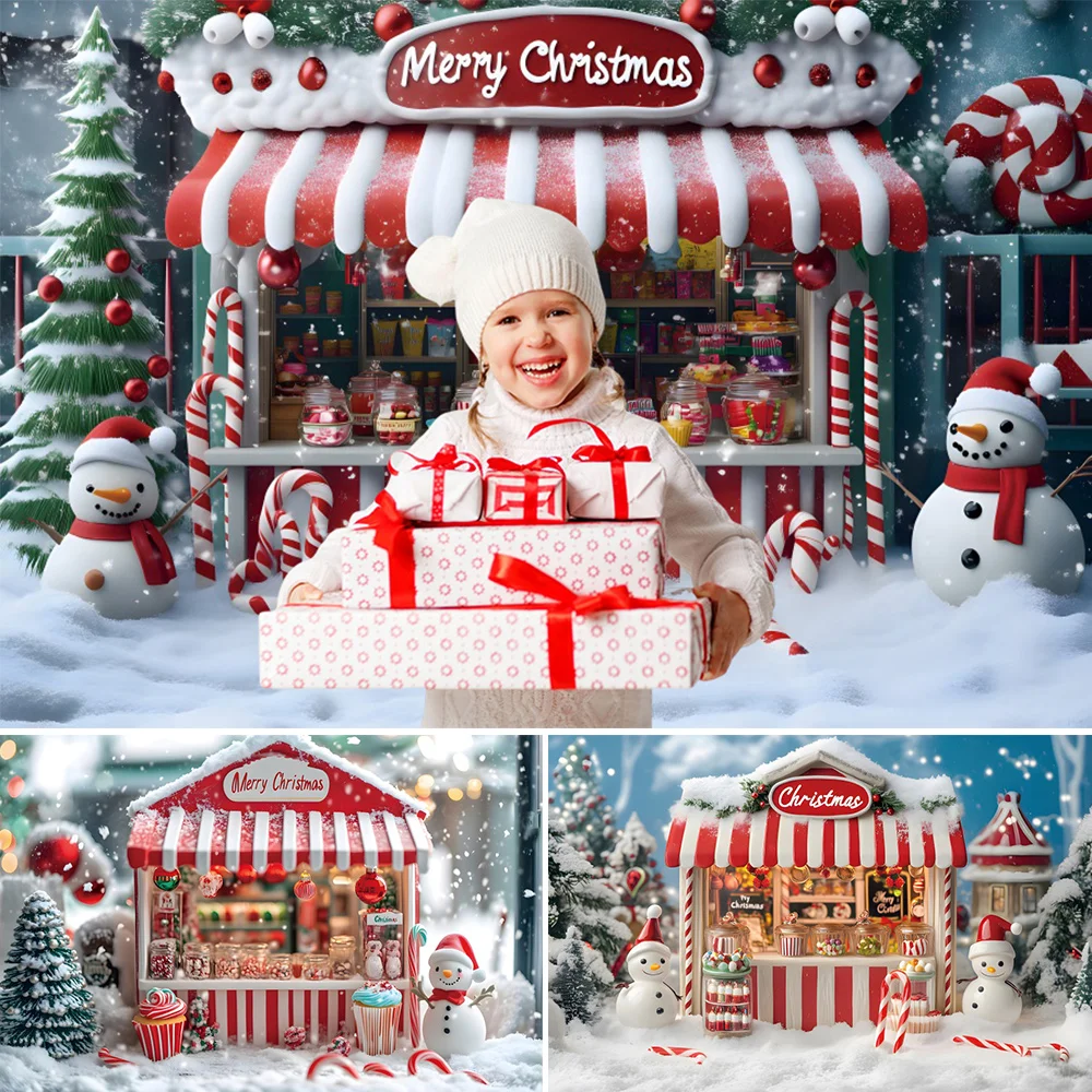 

Christmas Candy Store Backdrop for Photography Xmas Tree Gift Shop Snowman Merry Christmas Family Party Baby Portrait Background