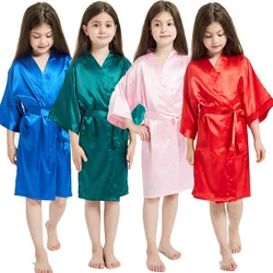 80-160cm Girls Satin Silk Robes Ribbon Kimono Wedding Birthday Party Spa Dressing Gown Bathrobe Bridal Sleepwear Kids Towel Robe