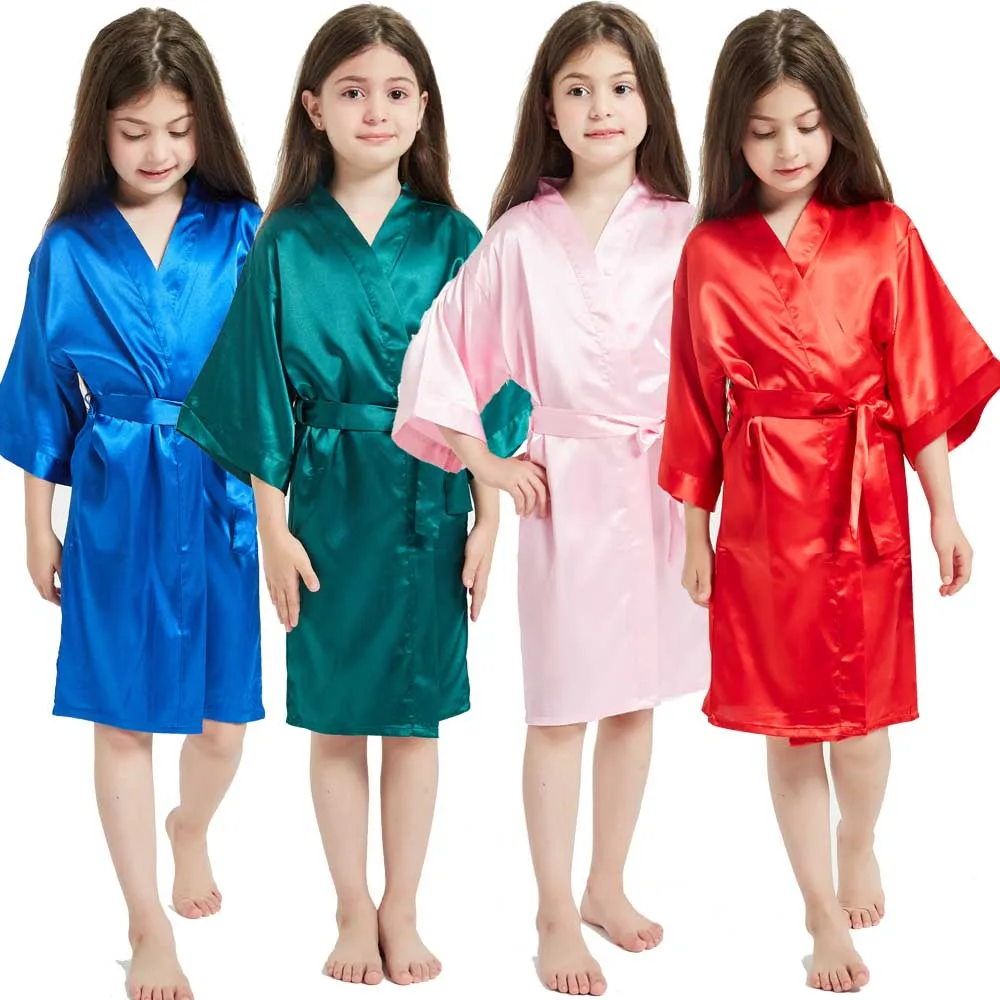 80-160cm Girls Satin Silk Robes Ribbon Kimono Wedding Birthday Party Spa Dressing Gown Bathrobe Bridal Sleepwear Kids Towel Robe