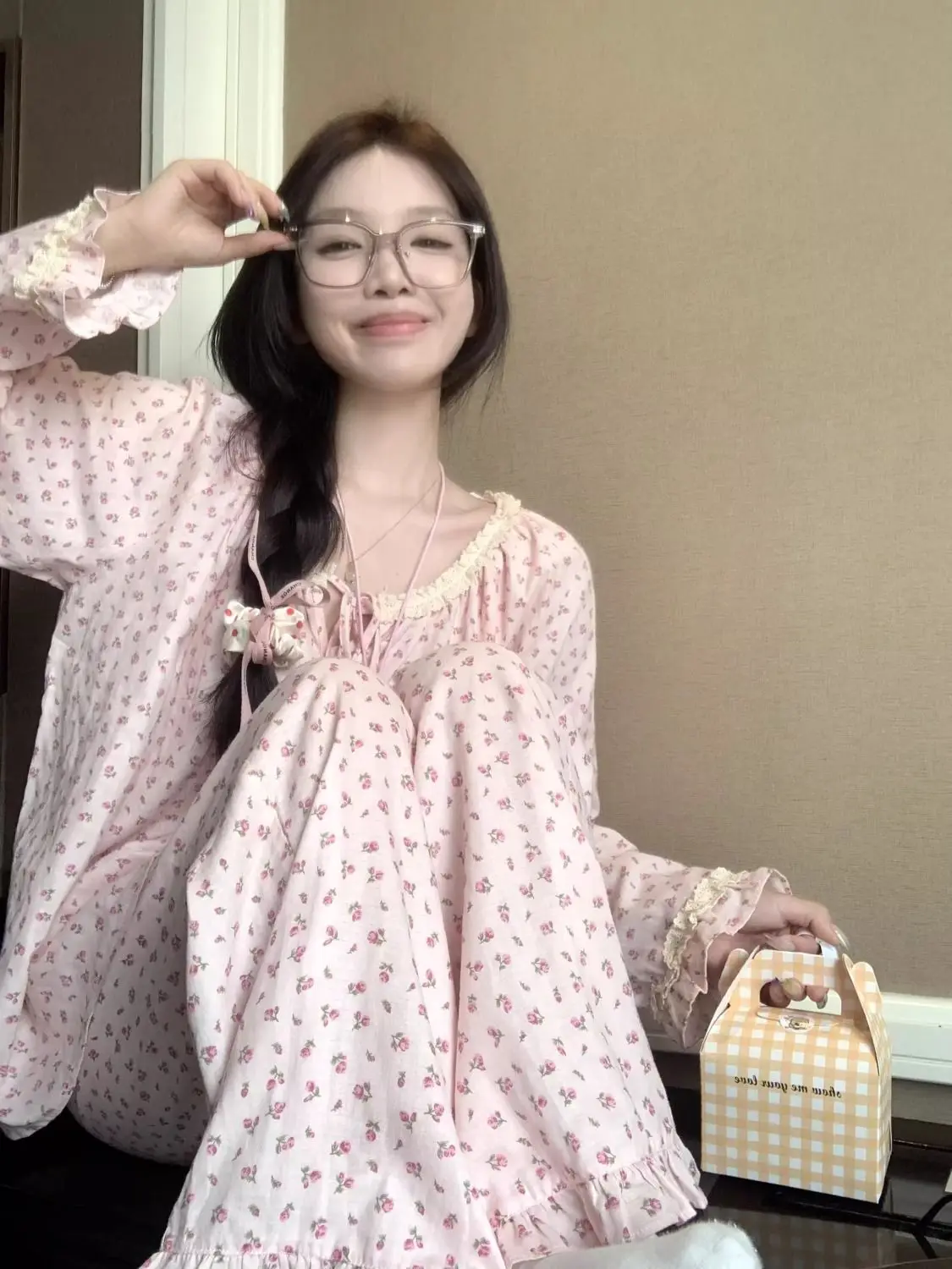 

Pink Korean Girl Pajama Sets Women's Spring Autumn New Floral Long Sleeve Trousers Home Clothing Kawaii Clothes Nightgown Gifts