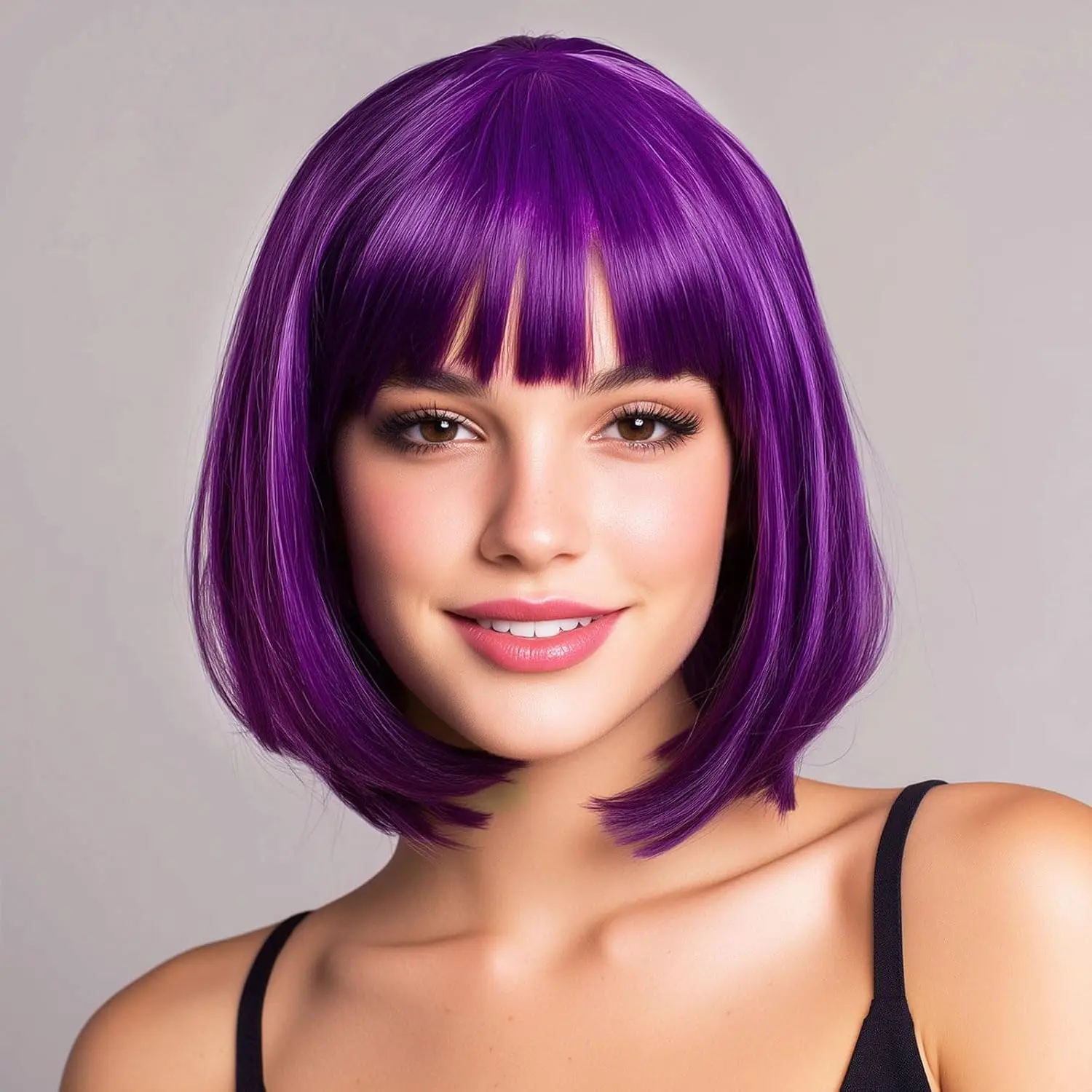 

world CUP Purple Bob Wig With Bang Short Synthetic Hair For Daily Party Anime Cosplay Halloween Costume Rose Mesh Net REEWES Wig