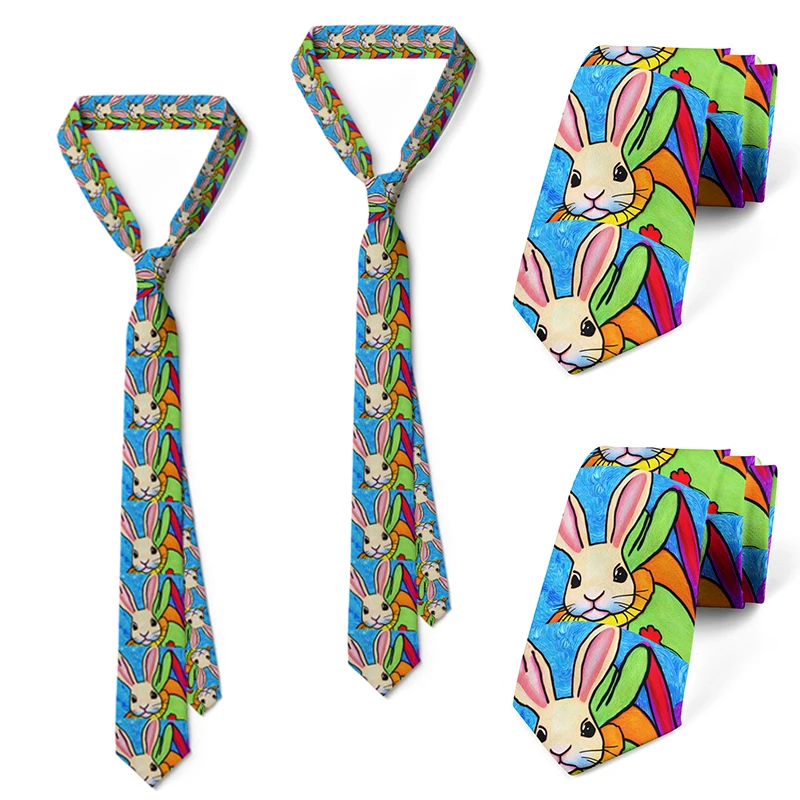 Colorful Cartoon Rabbit Print Tie Men Women 8cm Slim Fashion Novelty Tie Party Cosplay Gift Accessories Couple Trendy Ties