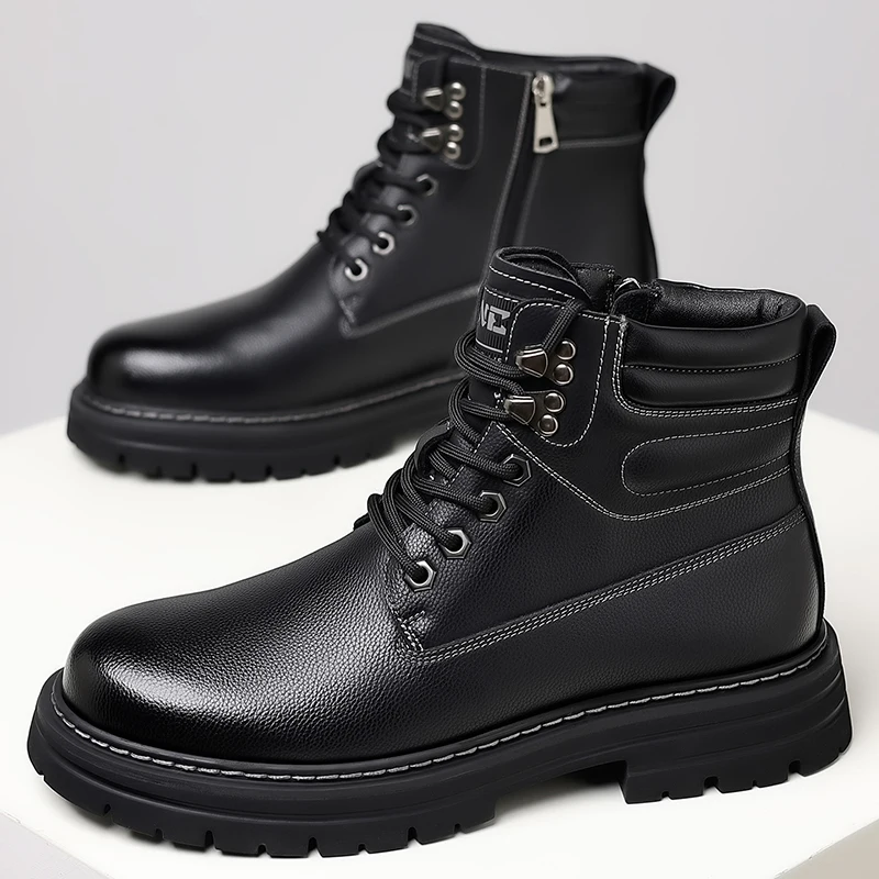 ファッション革メンズアンクルブーツ高品質カジュアルオートバイブーツ秋冬ハイトップ綿靴男抗スリップボタス