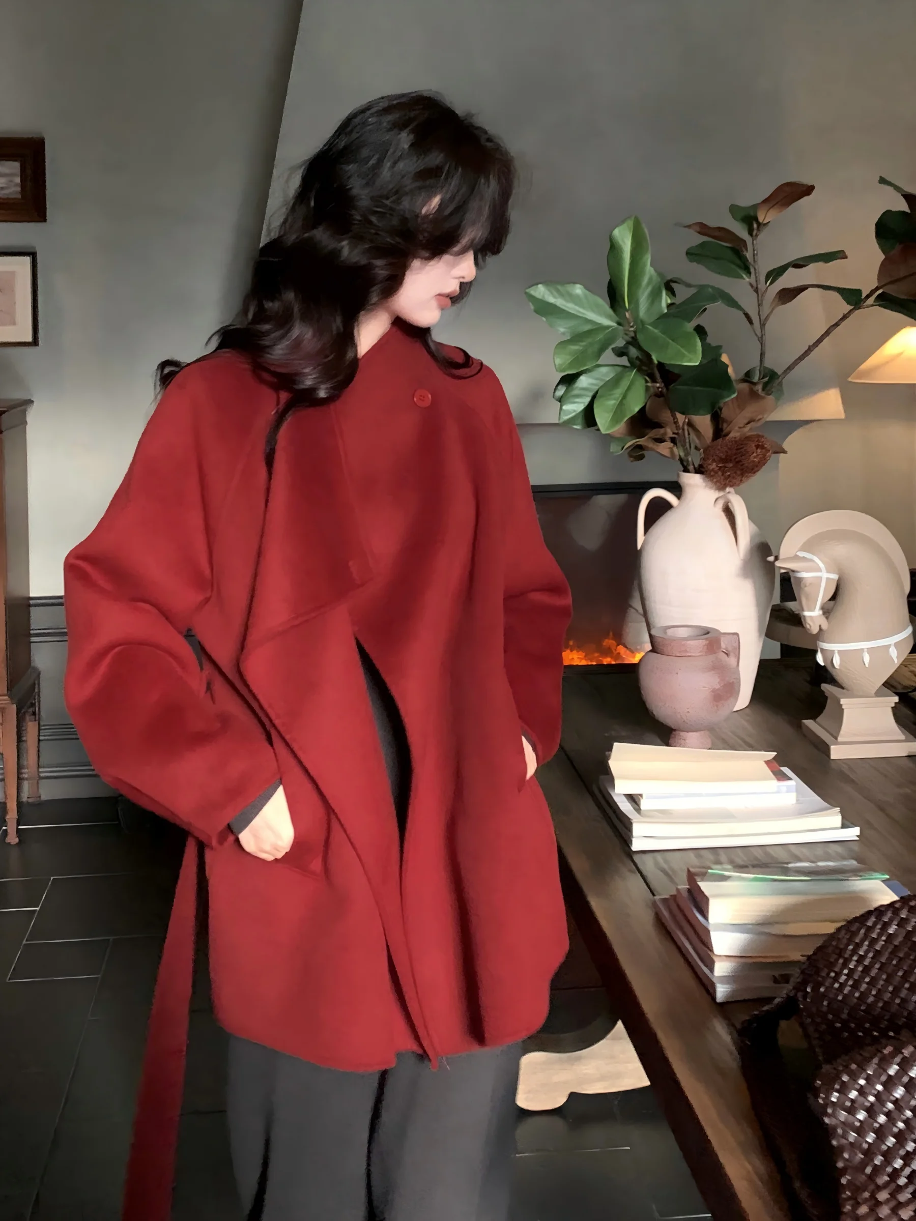 

Теплая двусторонняя шерстяная ветровка свободного кроя с воротником-стойкой и поясом SYT Simple Sle – верхняя одежда для женщин для повседневной носки и поездок на работу