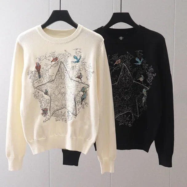 Embroidery Five Point Star Flying Bird Round Neck Pullover Long Sleeve Knitted Sweater Bottom Top dis5