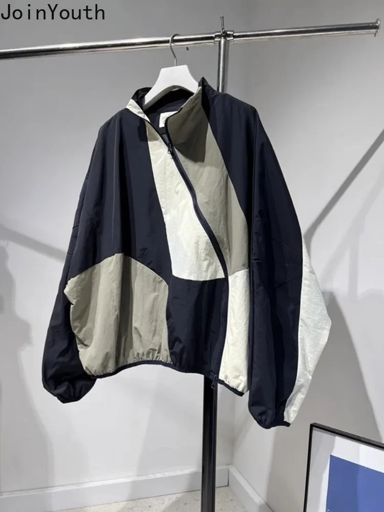 Chaquetas de calle para mujer, ropa de Color contrastante con cuello levantado y cremallera, prendas de vestir de gran tamaño, Tops Y2k, abrigo informal de moda Harajuku