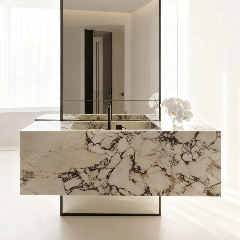 

Rock slab integrated seamless basin bathroom cabinet hotel villa light luxury