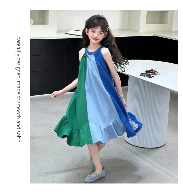 Mädchenkleid mit süßem Farbblock-Design für Sommerkostüme, Baumwolle, hohe Qualität, Kinderkleidung für Alter 7 8 9 10 12 14 Jahre – Detail 7
