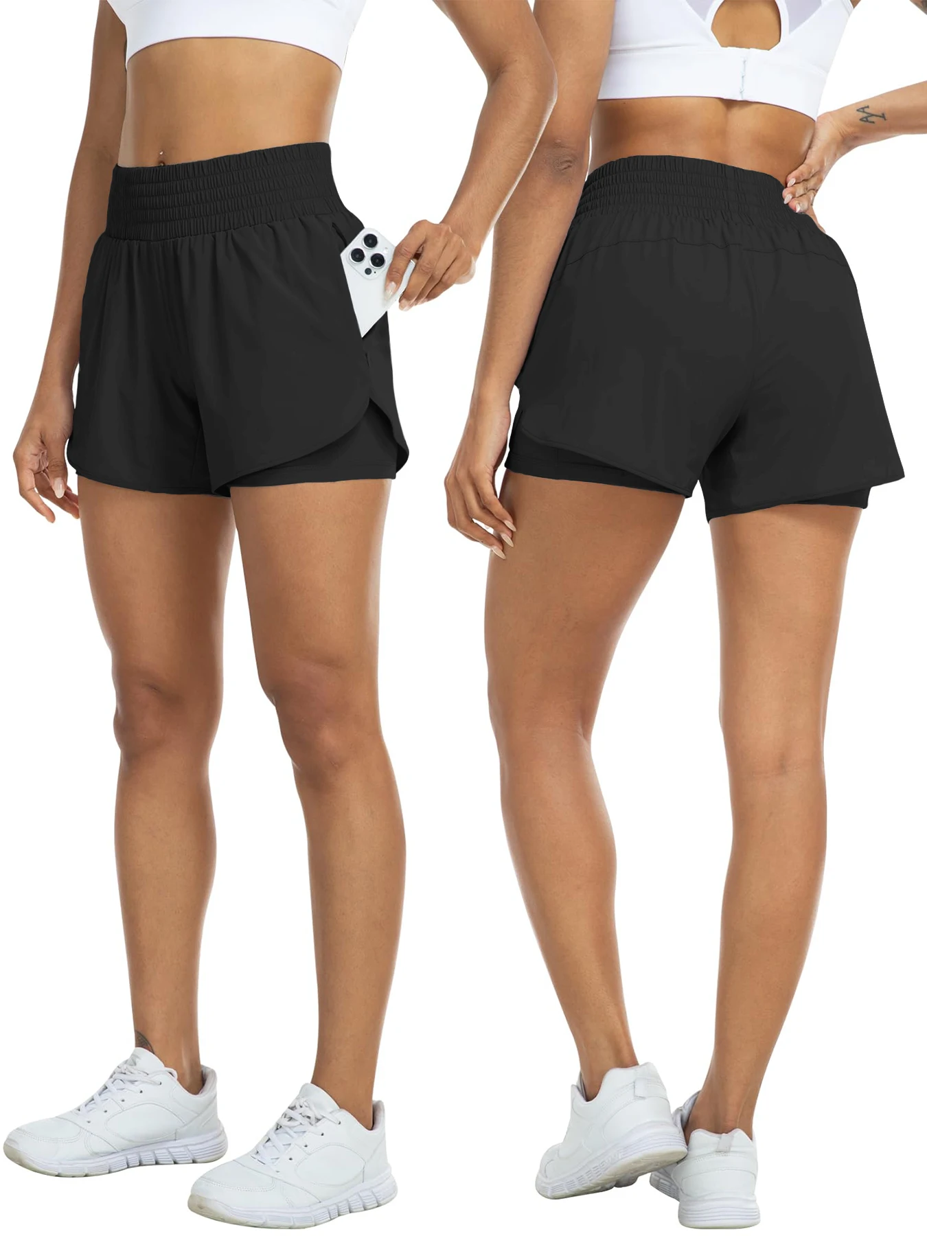Short de sport taille haute pour femme, pour course à pied, yoga, design superposé, anti-exposition, fitness et entraînement avec poches