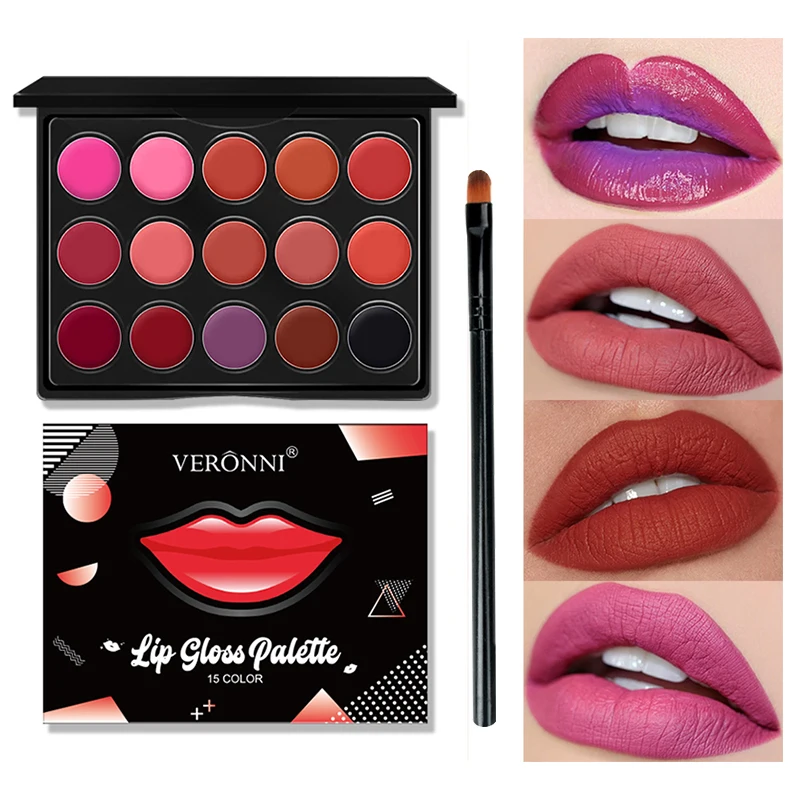 VERONNI Paleta de brillo labial mate de 15 colores con pincel para labios, paleta de crema labial aterciopelada de larga duración, resistente al agua, kit de maquillaje labial pigmentado en rojo, rosa y morado para uso diario, fiestas y cosplay