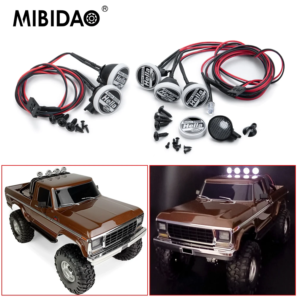 MIBIDAO Round Lampshades Front Headlight Roof LED Lights w/ Cover for Axial SCX10 TRX-4 TRX-6 D90 1/10 RC Car Upgrade Part