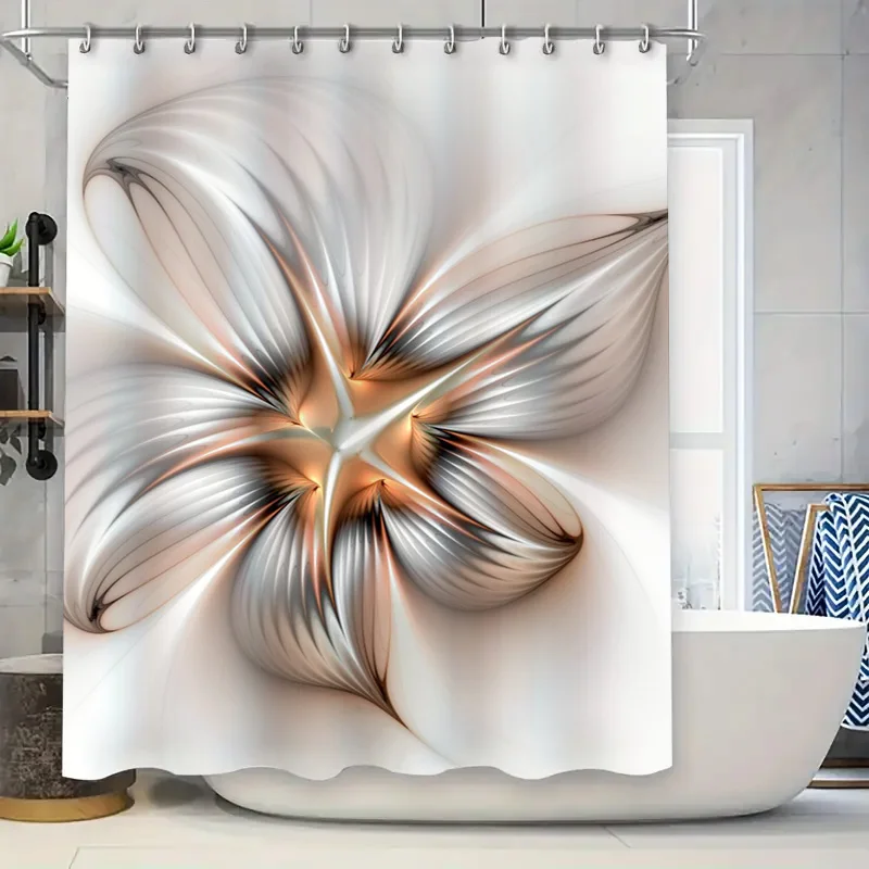

Modern Floral Printed Shower Curtain Set Decor for Bathroom Water-Resistant Fabric Waterproof Home Accessories Cream and Gold Fr