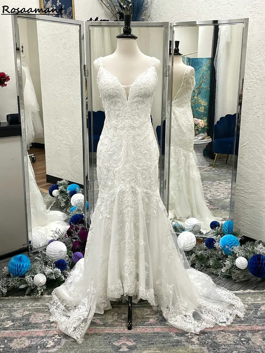 

Newest Spaghetti Straps Open Back Mermaid Wedding Dresses Sleeveless Appliques Lace Country Bridal Gowns