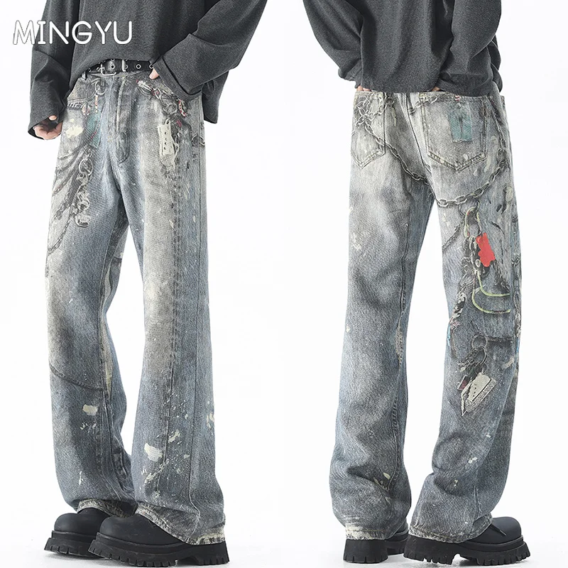 

Chain Pattern Jacquard Baggy Flared Jeans Men High Street Casual Denim Pants Male Cotton Streetwear Y2k American Clothing