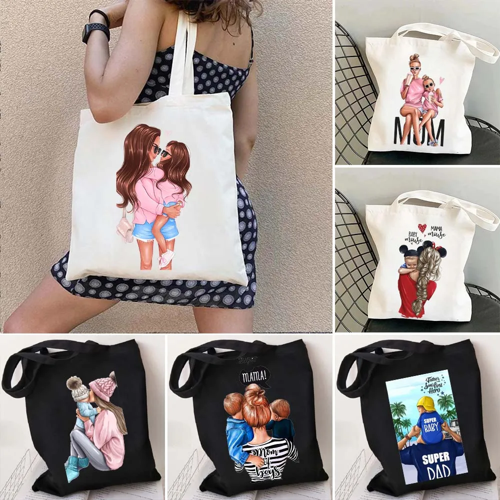 Super Mom Dad Fashion Mam Mum baby Girl Boy Love Heart Women Canvas Shopping Cotton Totes Bag Printing Shopper Shoulder Handbags