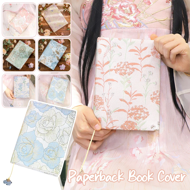 A5 Rose Flower Paperback Book Cover Protector Sleeve for Softcover Decor Floral Fabric Soft Flower Cloth Travel Sleeves Cover