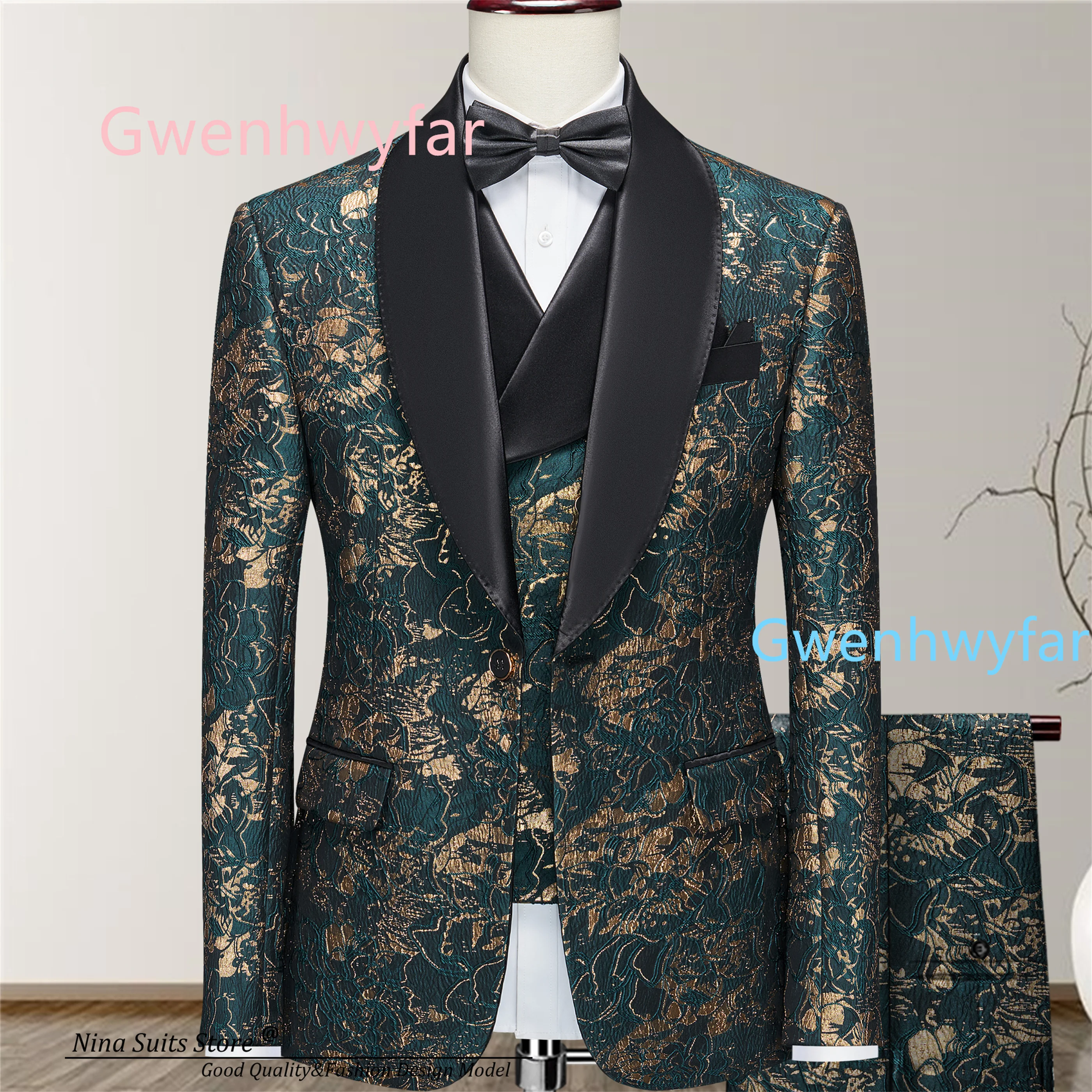 

Gwenhwyfar Роскошный золотой темно-зеленый жаккардовый костюм 2026 Новый бал, ужин, свадебный смокинг, комплект из 3 предметов, включая куртку, брюки, жилет