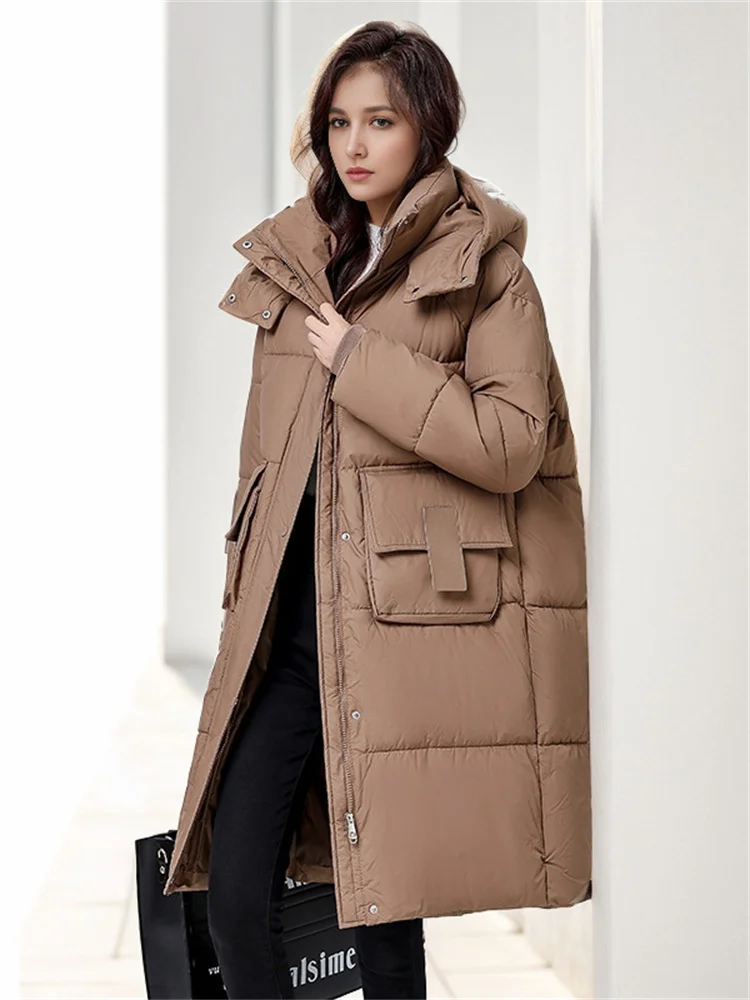 Caldo piumino donna Oversize cappotto lungo invernale con cappuccio tasche grandi cappotto con cerniera spessa donna 2024 nuovo soprabito invernale