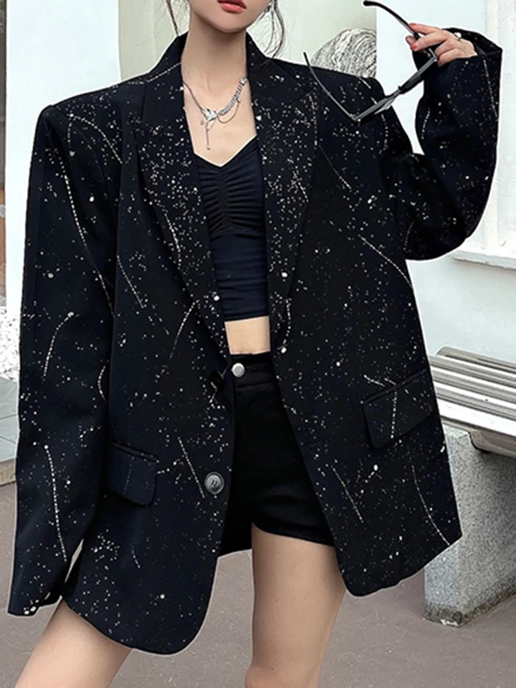 YERMORA Black Rhinestone Pocket Casual Blazer For Women Lapel Long Sleeve Loose New Jacket Fashion Tide Spring Autumn 2025