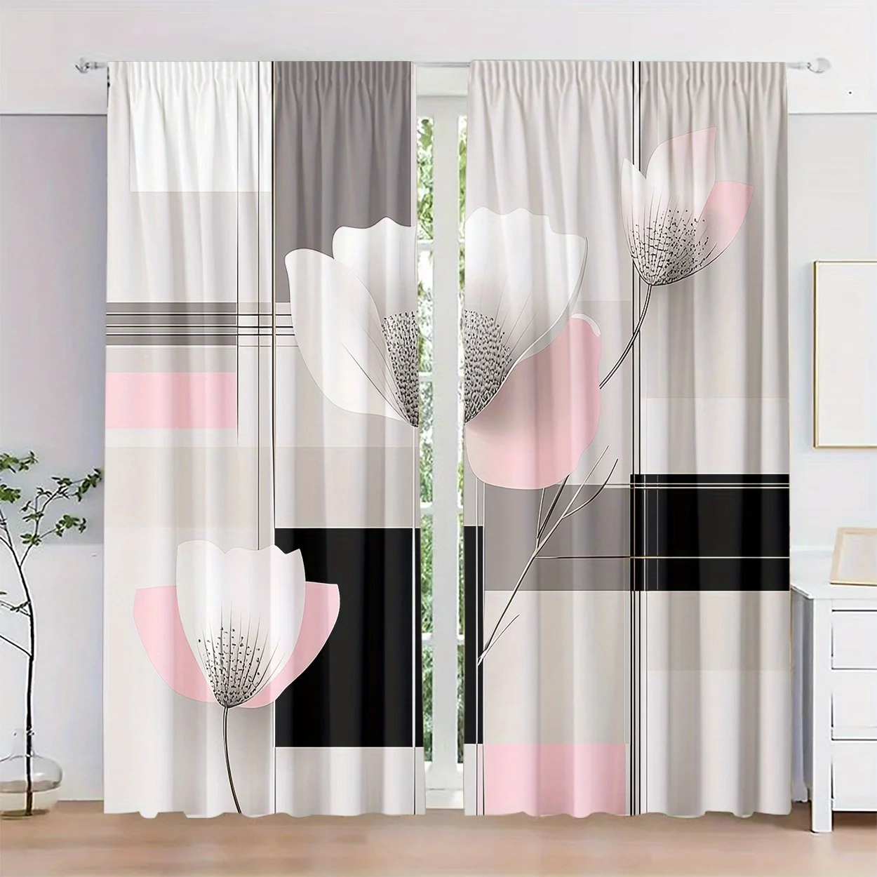 

2pc Pink and black floral pattern curtains, polyester fabric, machine washable, suitable for bedroom living room decoration