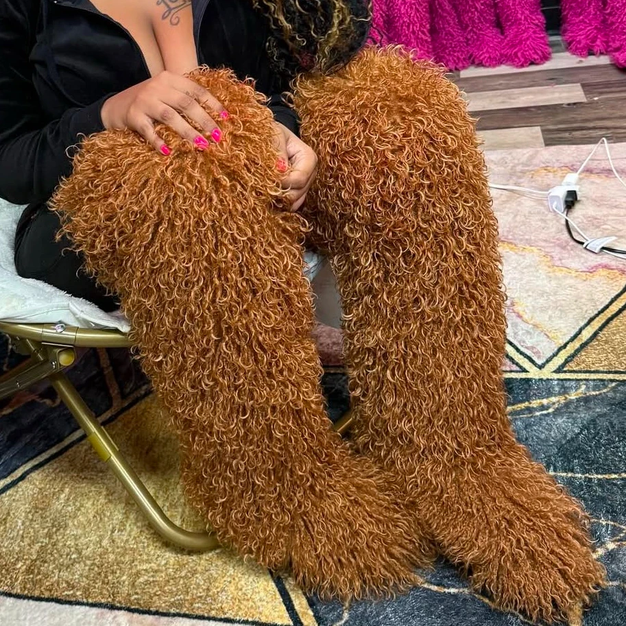 

New Designer Luxury Women Fluffy Faux Fur High Tube Snow Boots Long Fur Mongolian Wool Boots Over the Knee High Boots Snow Boots