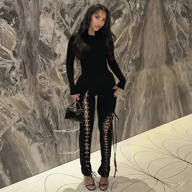 DSMTRC Wine Red Hollow Out Bandage Catsuit Jumpsuit Woman Autumn Solid Color Sexy Long Sleeve Combinaison Femme One Piece Romper