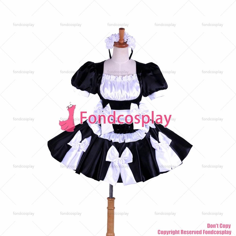 Fondcosplay adulto sexy cross dressing sissy maid nude petto bloccabile abito in raso nero uniforme grembiule CD/TV[G1619]