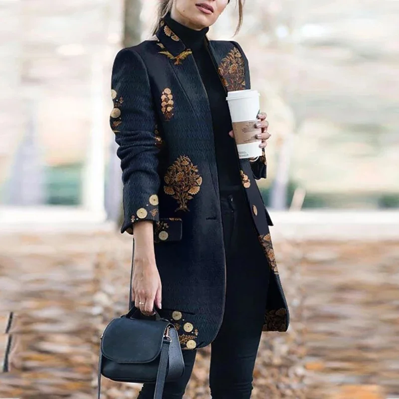 Women Lapel Long Sleeve Floral Printed Oversized Blazer Fit Jacket Fashion Spring Autumn Office Lady Suit Vintage New Year Coat