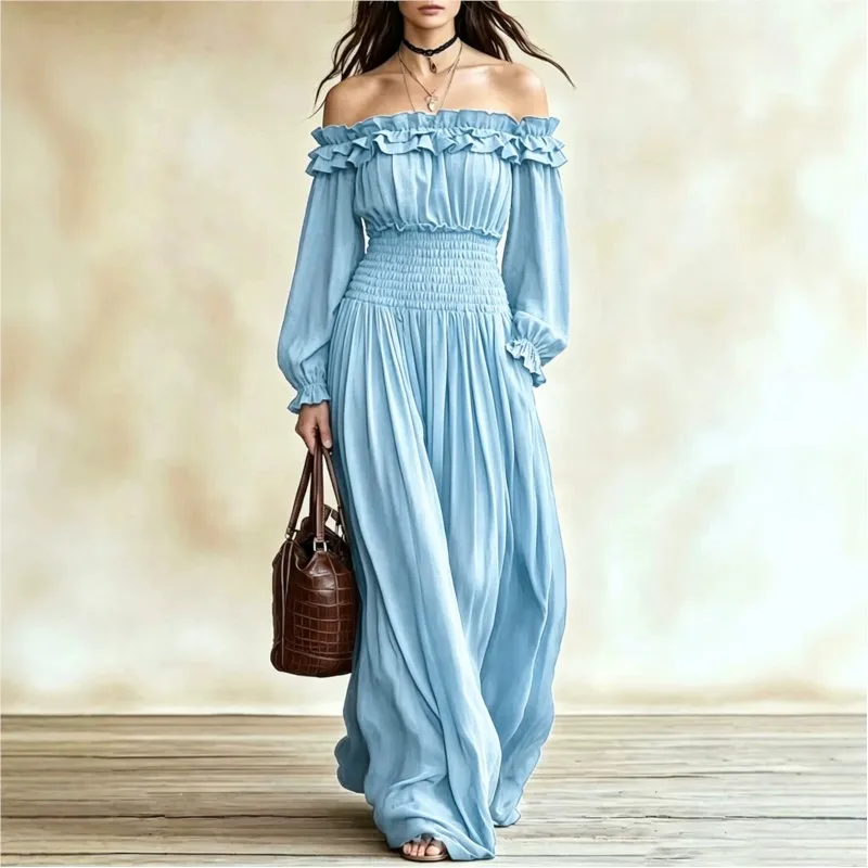 Sexy One Neck Waist Cinched Dress Women Fashion Solid With Ruffle Edge Design Long Sleeved Dresses Vacation Style Lady Vestidos
