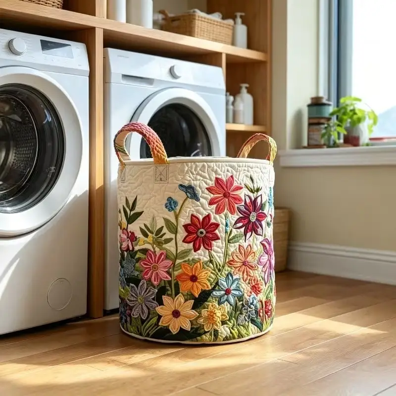 Brodark Colorful Floral Quilted Laundry Basket, Rustic Large-Capacity Wildflower Fabric Storage Bin With Handles. Foldable Dirty Clothes Hamper, Stylish Bedroom Organizer For Home, Fit Bathroom, Balcony, Laundry Room For Clothing Storage.