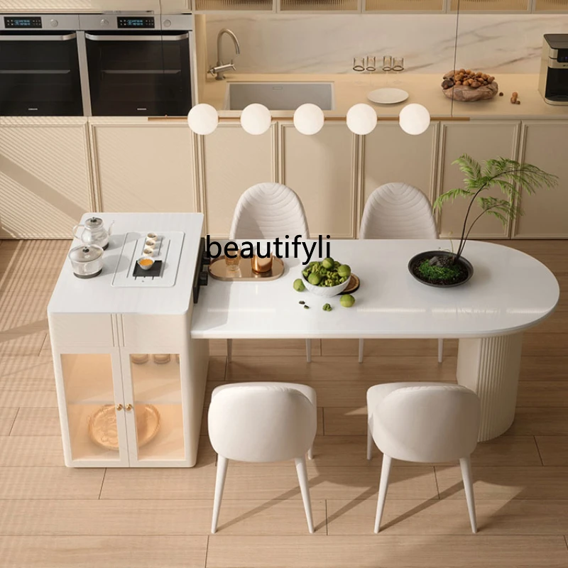 

Cream Style Stone Plate Kitchen Island Dining Table Modern Light Luxury Household Integrated Retractable Multifunctional