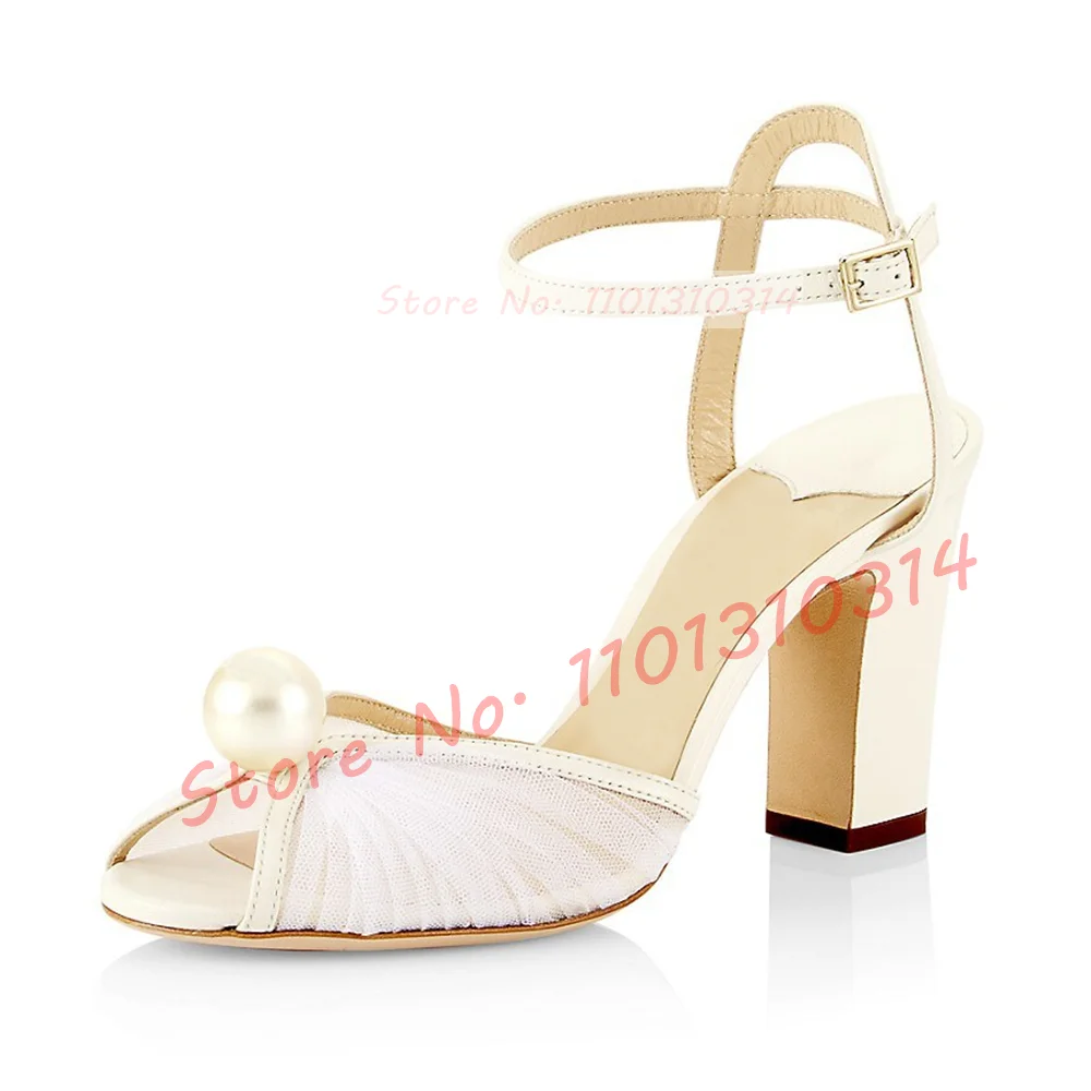 Tulle Pearl Ankle-Strap Sandals Women Wedding Peep Toe High Block Heels White Party Shoes Bride Luxury Casual Mesh Evening Shoes