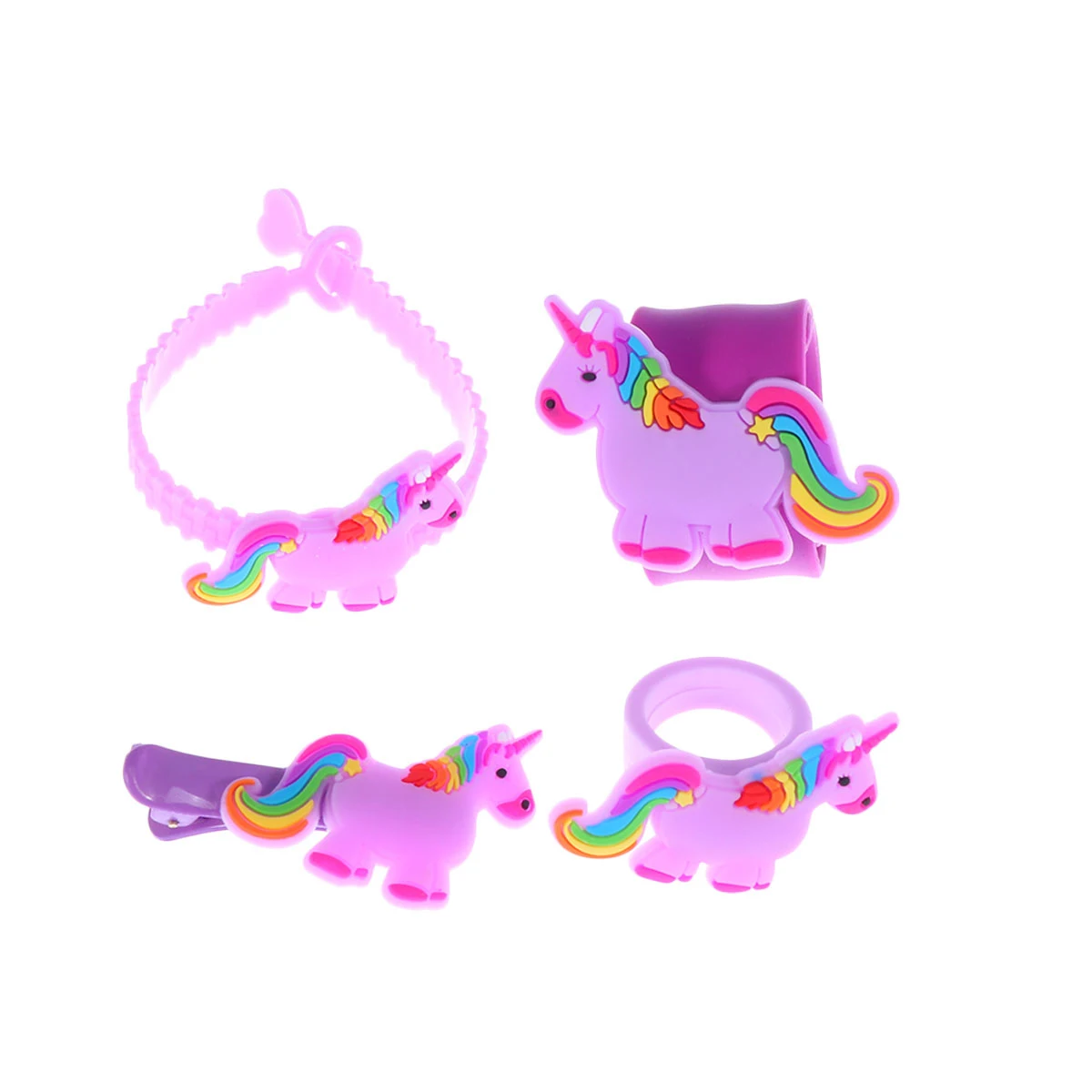Anneau licorne de dessin animé, 4 pièces, Bracelet, pince à cheveux, cadeaux de fête pour enfants, Costume Flexible et écologique violet