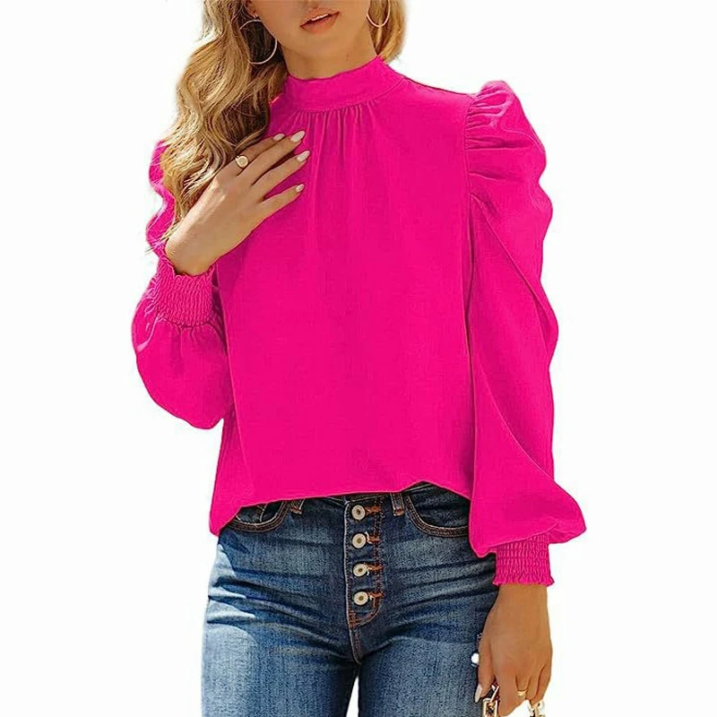 Damen Puff ärmel Blusen verspotten High Neck Plissee Top Bluse elegante Langarmhemd einfarbige Pullover Shirts